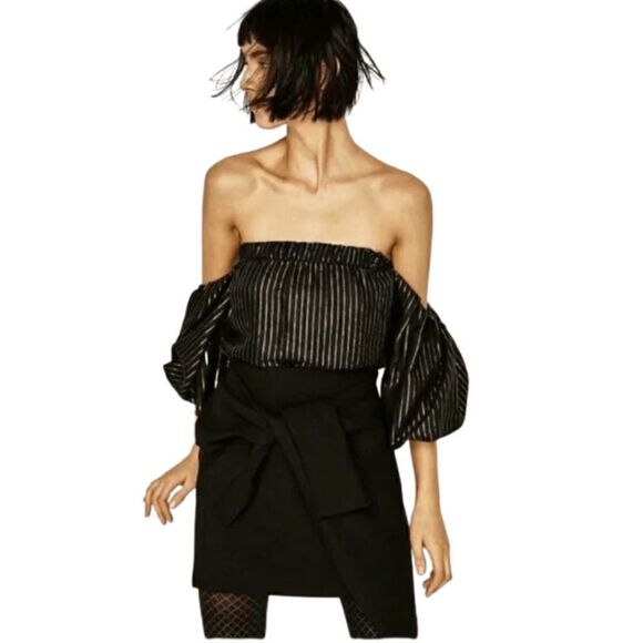 NWOT Zara Off The Shoulder Balloon Sleeve Gold Striped Blouse Top - Picture 1 of 5